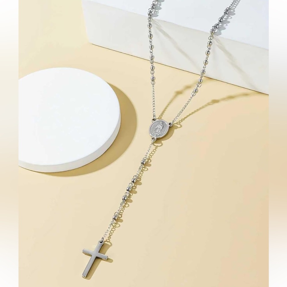 Rosary Stainless Steel Beads Chain Pendant Necklace NWT - Picture 10 of 11